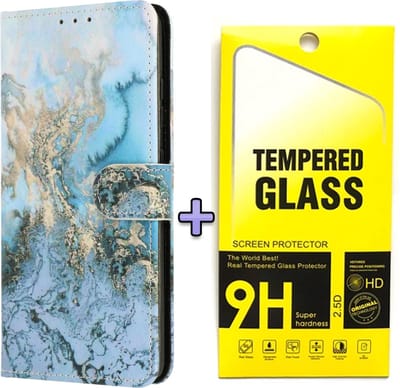 Casemania Hoesje Geschikt voor Samsung Galaxy S23 FE - Marmer - Blauw + Glazen Screenprotector - Portemonnee Book Case
