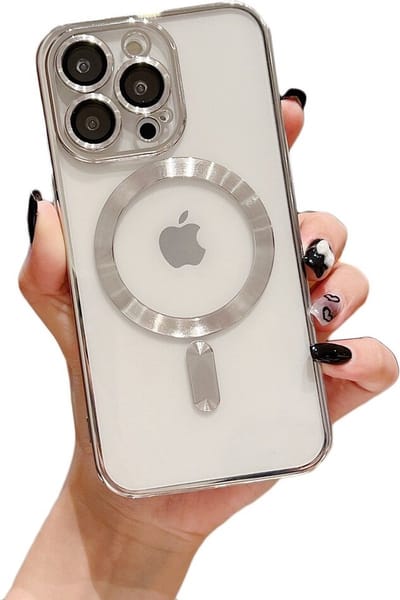 iPhone 14 Pro Magnetisch Hoesje Met Lensbeschermer - magsafe compatibel - siliconen - Transparant gekleurde rand - Zilver