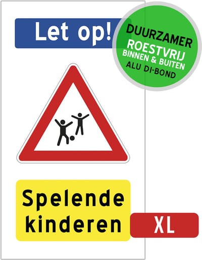 Pictogram/ bord XL Dibond | "Let op! Spelende kinderen" | 27 x 50 cm | Gevaar | Traag rijden | Stapvoets | Kids | Spelen | Speelstraat | 1 stuk