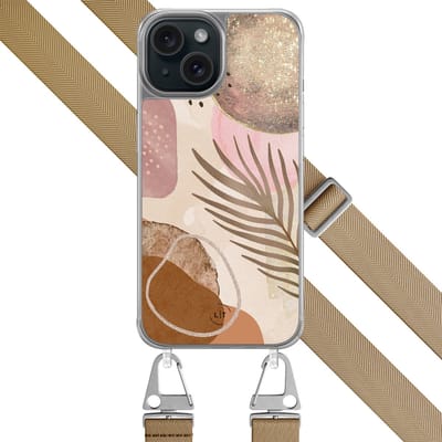 Hoesje met koord - Geschikt voor iPhone 15 - Abstract blush shapes - Verstelbaar zwart koord - Roze, Beige - Print / Illustratie - Leuke Telefoonhoesjes