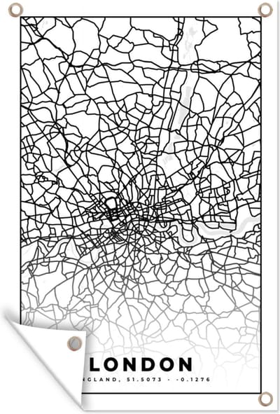 Muurdecoratie Londen - Zwart Wit - Stadskaart - Plattegrond - Kaart - 120x180 cm - Tuinposter - Tuindoek