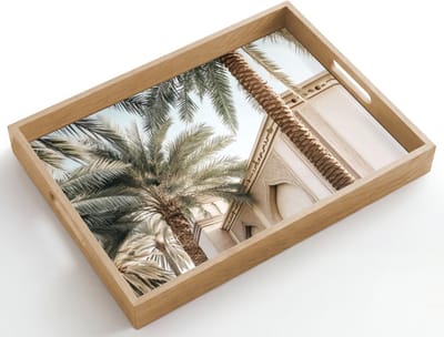 Dienblad hout 50x35 cm - Schootdienblad - Gebouw - Palmbomen - Beige - Zon - Borrelplank rechthoek - Plateau dienbladen