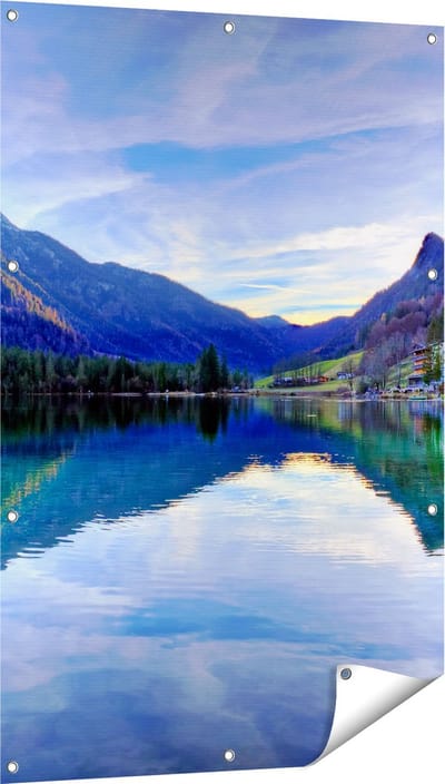Gards Tuinposter Meer met Weerkaatsing in de Bergen - 80x120 cm - Tuindoek - Tuindecoratie - Wanddecoratie buiten - Tuinschilderij