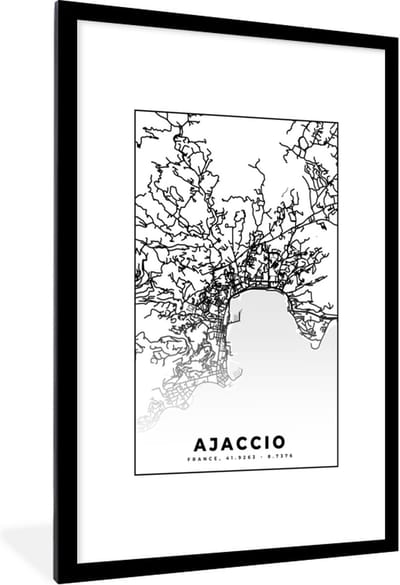 Fotolijst incl. Poster Zwart Wit- Kaart - Stadskaart - Ajaccio - Frankrijk - Plattegrond - Zwart wit - 80x120 cm - Posterlijst