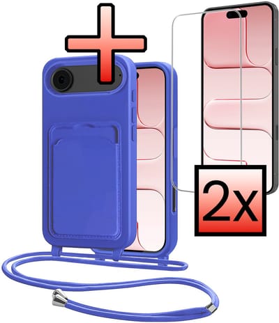 Hoes Geschikt voor iPhone Air Hoesje Pasjeshouder Cover Met Koord Case Siliconen Hoes Met Telefoonkoord en Kaarthouder Met 2x Screenprotector - Felblauw