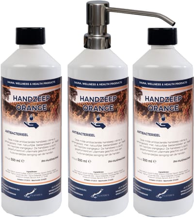 Handzeep Orange 500 ml - set van 3 stuks - met gratis RVS zilverkleurige pomp - Voordeelverpakking