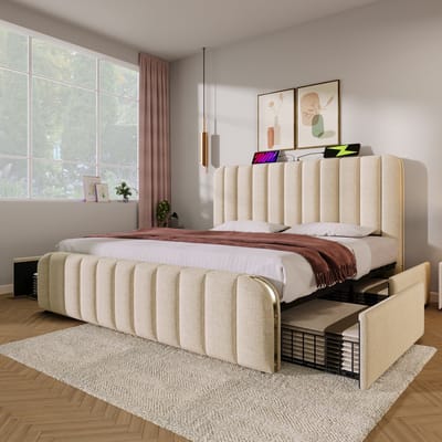 REDOM Bedframe 180x200 cm – LED Hoofdbord met USB & Type-C – Met 4 Opberglades – Modern Bed Voor Slaapkamer – Linnen Bekleding en Metaal – Beige