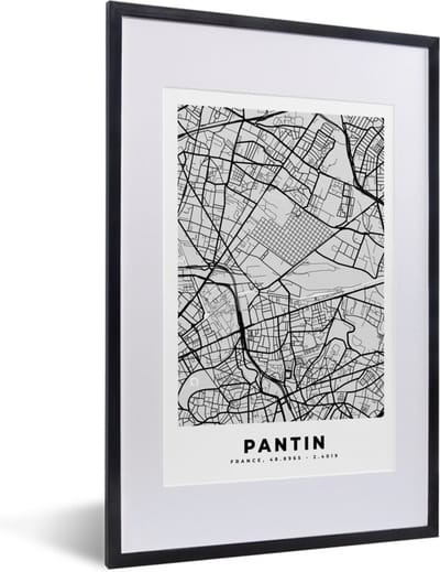 Fotolijst incl. Poster - Kaart - Stadskaart - Frankrijk - Pantin - Plattegrond - 40x60 cm - Posterlijst