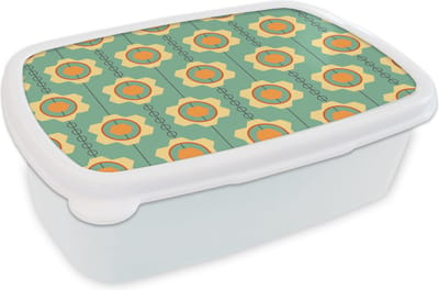 Broodtrommel Wit - Lunchbox - Brooddoos - Zonnebloem - Patronen - Tandwielen - Retro - 18x12x6 cm - Volwassenen