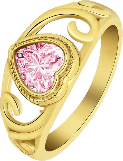 Lucardi Dames vintage ring met hart roze â€“ Maat 57 â€“ 18mm - Ring - Cadeau - Staal goldplated - Goudkleurig