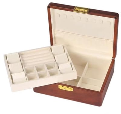 Massief Houten Sieradendoos met 2 Lagen en Slot - Vintage Fluwelen Organizer voor Sieraden