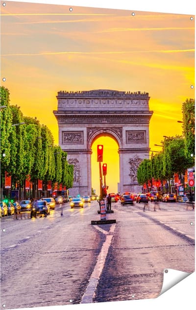 Gards Tuinposter Arc de Triomphe in Parijs vanaf de Straat - 120x160 cm - Tuindoek - Tuindecoratie - Wanddecoratie buiten - Tuinschilderij