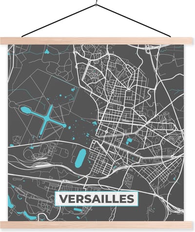 Posterhanger incl. Poster 40x40 cm - Schoolplaat - Plattegrond – Versailles – Stadskaart – Kaart – Frankrijk - Textielposter - Blanke latten - Stadskaart