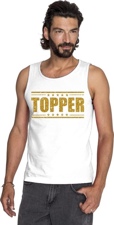 Wit Topper mouwloos shirt/ tanktop in gouden glitter letters heren - Toppers dresscode kleding S