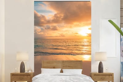 Behang - Fotobehang Strand - Zomer - Zonsondergang - Wolken - Zee - Breedte 195 cm x hoogte 300 cm