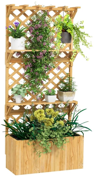 Plantenbak met Klimrek, 2 Planken & Drainagegaten - Verhoogd Bloembak - Bloembed - Plantenbed - met Trellis - Plantenrek - Hout - Perfect voor Bloemen en Klimplanten – voor Tuin, Terras & Balkon - 76 x 33 x 177 cm