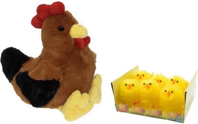 Decoris Pluche bruine kippen knuffel - 25 cm - met 6x stuks mini kuikentjes 6.5 cm - Paas/pasen decoratie