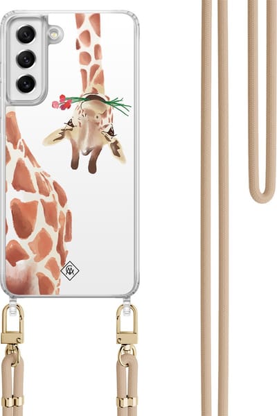 Casimoda® hoesje met koord - Geschikt voor Samsung S21 FE - Giraffe - Afneembaar koord - TPU/polycarbonaat - Bruin/beige