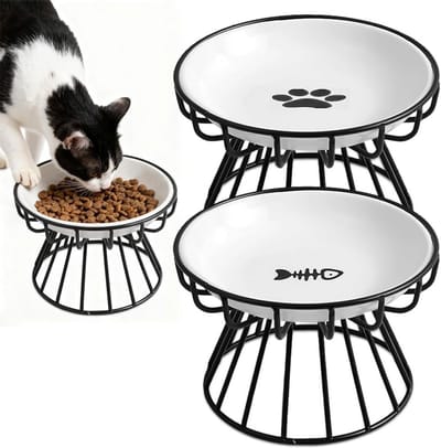 Set van 2 Verhoogde Kattenbakken met Stalen Onderstel, Keramische Voerbak en Waterbak voor Katten, Ideaal voor Comfortabele Voeding en Hygiëne