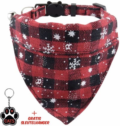 SilverAndCoco® - Kerst Sjaaltje Kat Versiering met Gratis Sleutelhanger | Kerstman Halsband Katten Strikje Band | Kattenhalsband Kleding Decoratie Pakket | Rode Kerstman Feest Set Huisdier Cadeau Kerst Cadeautje - Rood