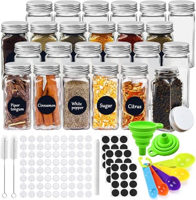Famanu - Hartvormige kruidenpotjes met strooiinzetstuk, 24 x 100 ml, glazen kruidenstrooier met draaibaar deksel met 2 soorten kruidengaten, kruidenpotjes, kruidenorganizer voor verbeterde keukenervaring