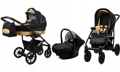 BabyLux® Kinderwagen 3in1 – LARGO - BLACK COFFE BLACK FRAME - Opklapbare Wandelwagen incl. Reiswieg, Multifunctionele Buggy Sportstoel, Autostoel - Combi-kinderwagen met Luiertas, Regenhoes, Klamboe, Bekerhouder, etc.