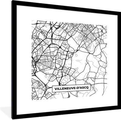 Fotolijst incl. Poster Zwart Wit- Plattegrond - Kaart - Frankrijk - Stadskaart - Villeneuve-D'Ascq - Zwart wit - 40x40 cm - Posterlijst