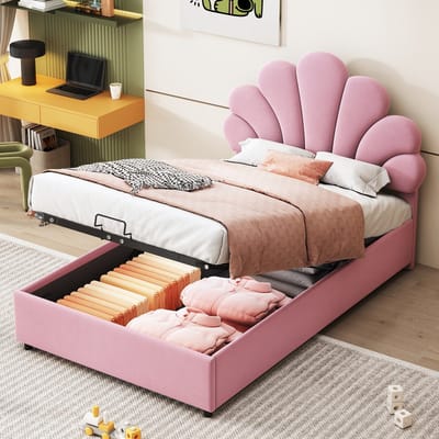 Kinderbed 90x200 - Bloem Hoofdbord Met Lattenbodem - Verstelbaar En Opbergruimte - Fluweel - Roze