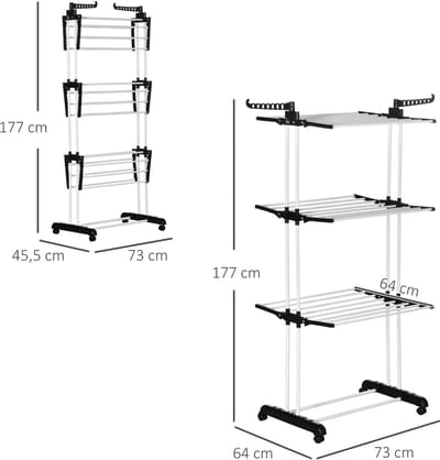 Pugsdrly Droogrek, 4 niveaus, inklapbaar, 4 wielen met 2 remmen, metalen frame, zwart, 73 x 64 x 177 cm
