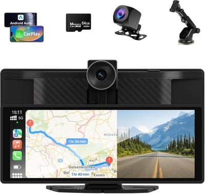 10.26 Inch Carplay Scherm - Draadloos Apple CarPlay en Android Auto - IPS Touchscreen 1600x600 - 4K Dashcam en 1080P Achteruitrijcamera - Bluetooth - FM en AUX - Split Screen - Inclusief 64GB TF Kaart