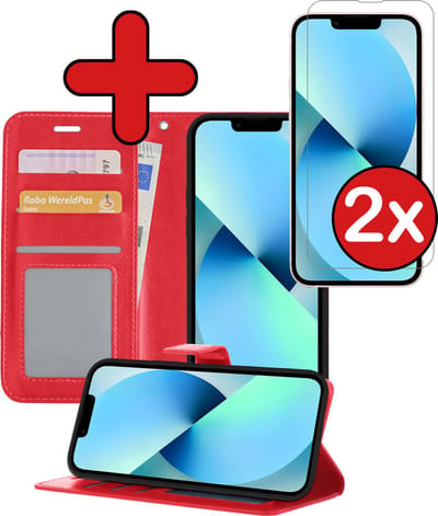 Hoesje - Met 2x Screenprotector - Geschikt voor Apple iPhone 14 - Luxe Pasjeshouder - Flip Case - Bookcase Portemonee - Kunstleer Book Case - Flipcase Hoes - Book Cover - Walletcase - Portemonneehoes - Telefoonhoes - Rood