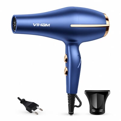 Haardroger - 201 blauw met ronde stekker - 1300 W krachtige luchtstroom met blauw licht en constante temperatuur - voor thuis en salon - geschenkverpakking