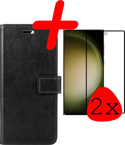 Hoesje Met 2x Screenprotector - Geschikt voor Samsung Galaxy S23 Ultra - Luxe Pasjeshouder - Bookcase Portemonee - Flip Case - Kunstleer Book Case - Flipcase Hoes - Book Cover - Walletcase - Portemonneehoes - Zwart