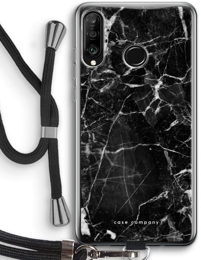 Case Company® - Hoesje met koord geschikt voor Huawei P30 Lite hoesje met Koord - Zwart Marmer - Telefoonhoesje met Zwart Koord - Bescherming aan alle Kanten en Over de Schermrand