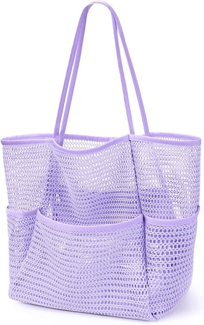 Strandtas met minivakje, grote opvouwbare mesh strandtas voor dames, reistas voor bij het zwembad - zandbestendig - Violett