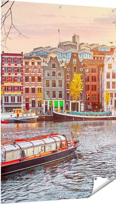 Gards Tuinposter Amsterdamse Huisjes vanaf de Grachten - 100x150 cm - Tuindoek - Tuindecoratie - Wanddecoratie buiten - Tuinschilderij