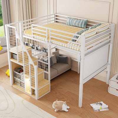 MODENUIT Hoogslaper 140x200 cm – Met Veiligheidstrap en Opbergunit – Onderbedruimte – Zonder matras – Metaal – Wit