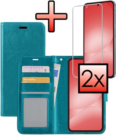 Hoesje - Met 2x Screenprotector - Geschikt voor Samsung Galaxy A56 - Luxe Pasjeshouder - Bookcase Portemonee - Flip Case - Kunstleer Book Case - Flipcase Hoes - Book Cover - Walletcase - Portemonneehoes - Turquoise
