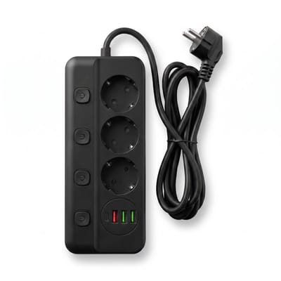 Oneproduct Stekkerdoos met USB C en USB - 3 Stopcontacten - Individuele Schakelaars - 2 Meter Kabel - 2500W - Zwart