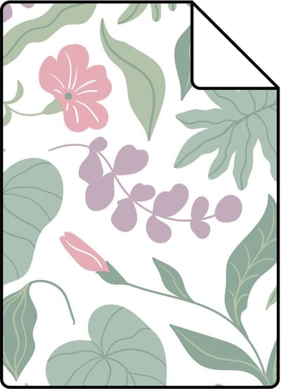 Proefstaal ESTAhome behang bladeren en bloemen paars, roze en groen - 26.5 x 21 cm - 131049-S