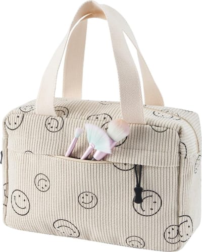 Toilettas Koord Dames Grote Cosmetische Tas Koord Make-up Tas Koord Cosmetische Tas met Glimlach Corduroy Cosmetische Tas Reizen Cosmetische Tas voor Reizen Meisjes Dames, BEIGE-B