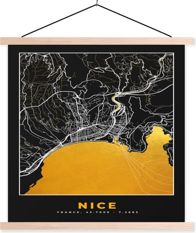 Posterhanger incl. Poster 40x40 cm - Schoolplaat - Frankrijk – Nice - Plattegrond – Stadskaart - Kaart - Textielposter - Blanke latten - Stadskaart