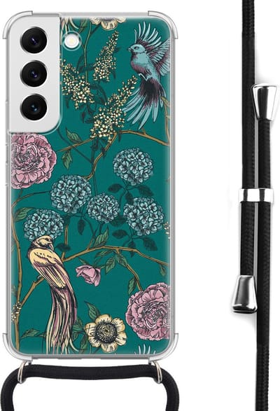 Hoesje met koord geschikt voor Samsung Galaxy S22 - Vogels Japanse bloemen - Inclusief koord - Crossbody beschermhoes - Transparant, Groen - Mooie Telefoonhoesjes