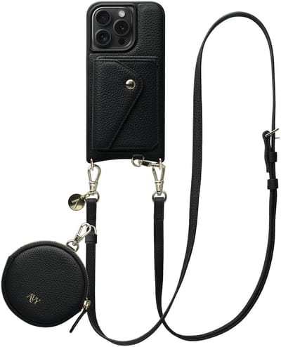 AVY Leren Hoesje geschikt voor Apple iPhone 15 Pro Max | Met Koord, Wallet en Pouch | Compatibel met MagSafe | Leather Case met 130CM Koord | Long Leather | Zwart