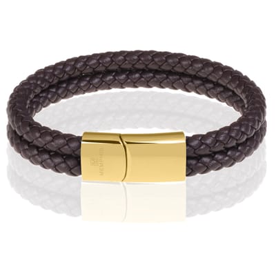 Memphis dubbele leren armband Donkerbruin Goudkleurig-24cm
