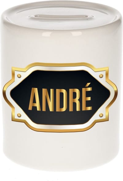 Spaarpot met voornaam Andre - wit - met goud/zwart embleem - 8 x 9 cm - keramiek - met afsluitdop - cadeau verjaardag