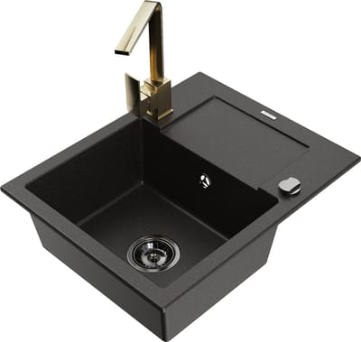 Mexen Enzo granieten spoelbak met 1 bak en afdruiprek en keukenmengkraan Rita, zwart/gouden metallic - 6506-75-670300-50-B