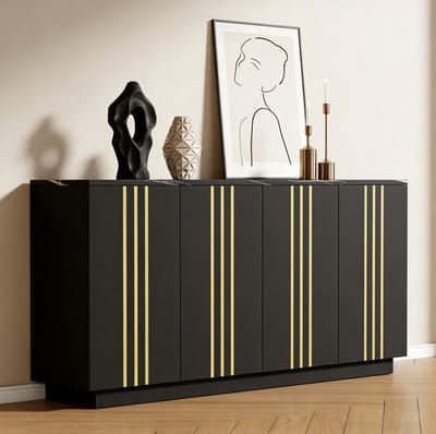 FloraGrace Dressoir - Opbergkast Met 4 Deuren En Verstelbare Indeling - Voor Woonkamer Hal En Slaapkamer - Spaanplaat - 140x35x70 Cm - Zwart Goud