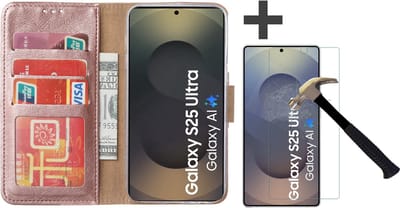 Hoesje met Screenprotector Geschikt voor Samsung Galaxy S25 Ultra – Arara bookcase met pasjeshouder - Rosegoud