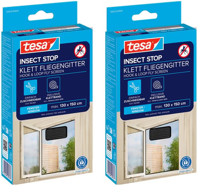 tesa INSECT STOP H&L Fly Screen for Window - hor met klittenband, op maat snijden, zonder boren - 2 net - 130 x 150 cm - antraciet (transparant)
